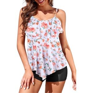 Amazon White Tankini Asymmetrical Ruffled Camisole Swimsuit set